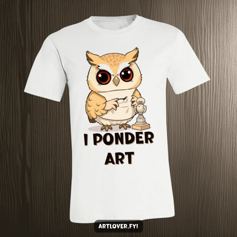 Funny owl t-shirt featuring a wise owl in a smock, closely examining a tiny sculpture with artistic curiosity.