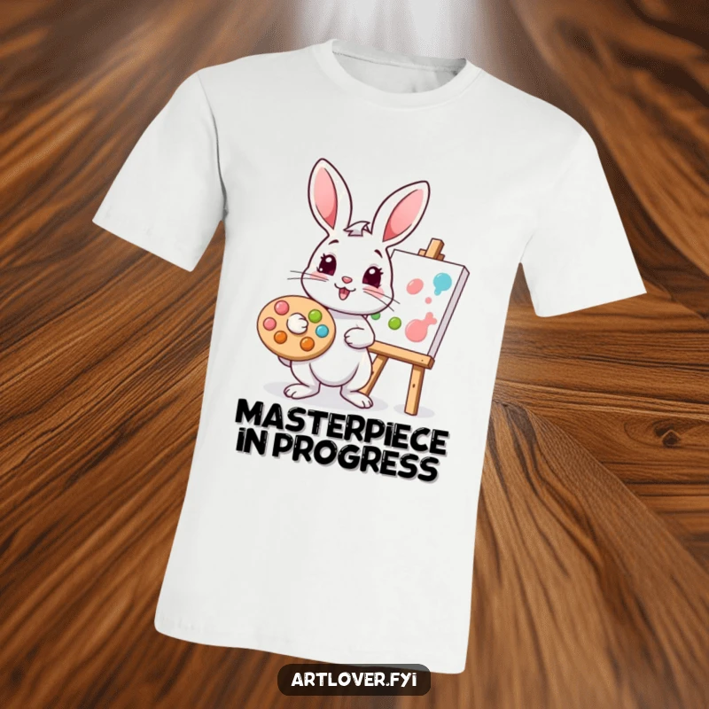 Funny rabbit t-shirt featuring a playful bunny artist with a palette, dabbing paint onto a canvas, celebrating creativity.