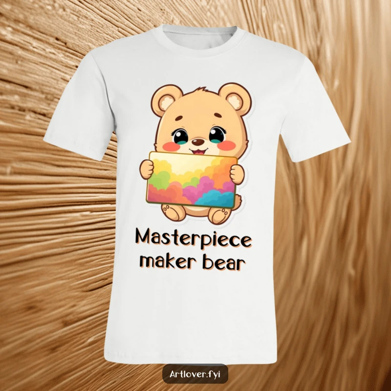 Funny t-shirt featuring a happy bear cub with a gleam in its eye, proudly presenting a vibrant and colorful painting.