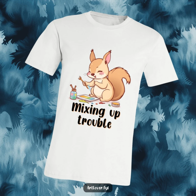 Funny t-shirt of a squirrel enthusiastically mixing paints with a tiny twig, showcasing energetic artistic creation.