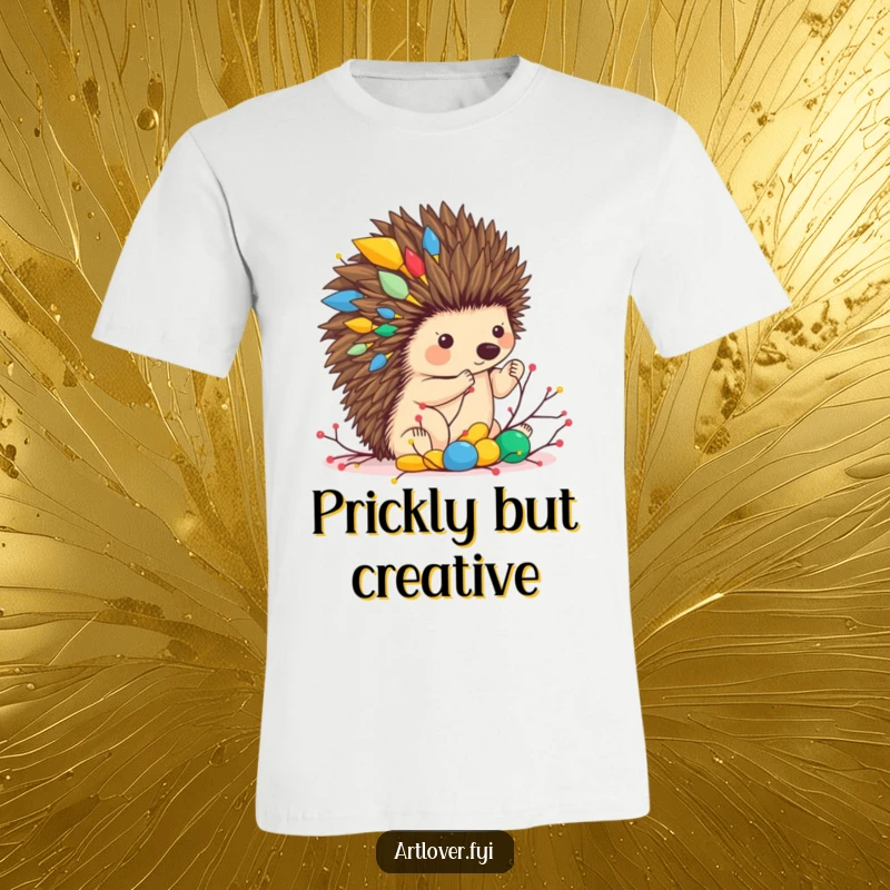 Funny t-shirt featuring a hedgehog artist diligently creating a vibrant abstract sculpture from small twigs, showing artistic dedication.