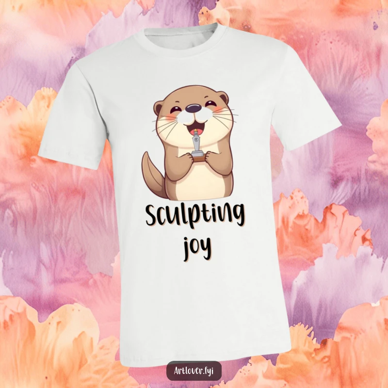 Funny joyful otter t-shirt, a whimsical garment depicting an otter expertly balancing a tiny sculpture on its nose.