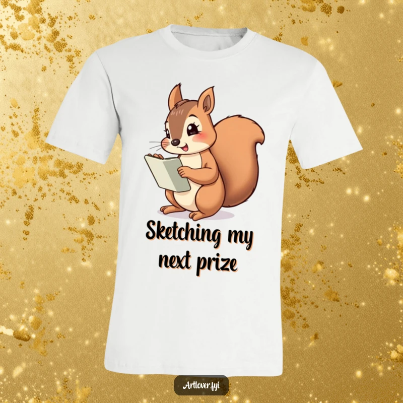 Funny Squirrel Artist T-Shirt depicts a cheeky squirrel with a sketchbook, drawing a giant nut, a humorous gift for nature lovers.