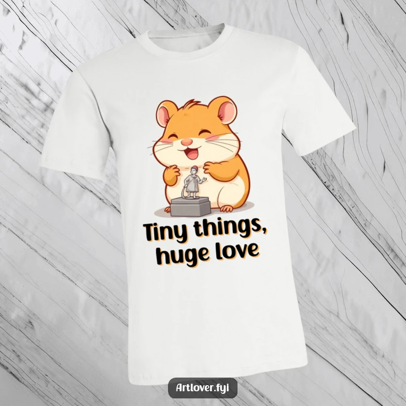Funny hamster t-shirt featuring a joyful rodent admiring a tiny sculpture, showcasing artistic appreciation and cute charm.
