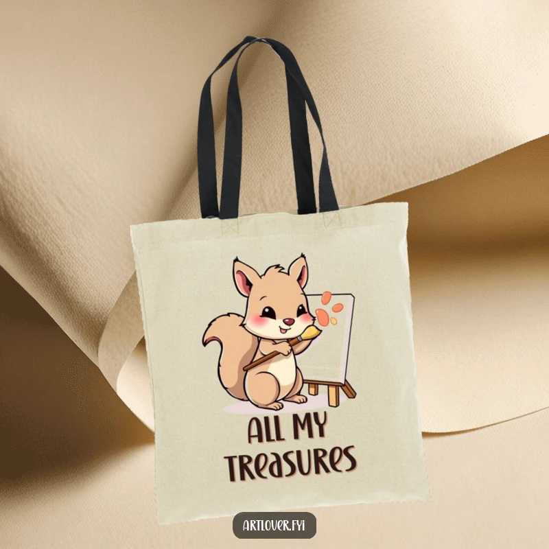 Funny tote bag with a playful squirrel character holding a paintbrush, diligently dabbing at a canvas, a stylish art accessory.