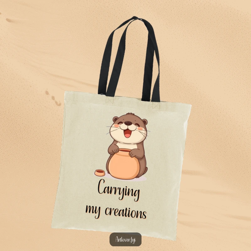 Funny Tote Bag featuring a smiling otter pottering with clay, a practical and humorous accessory for any art enthusiast.