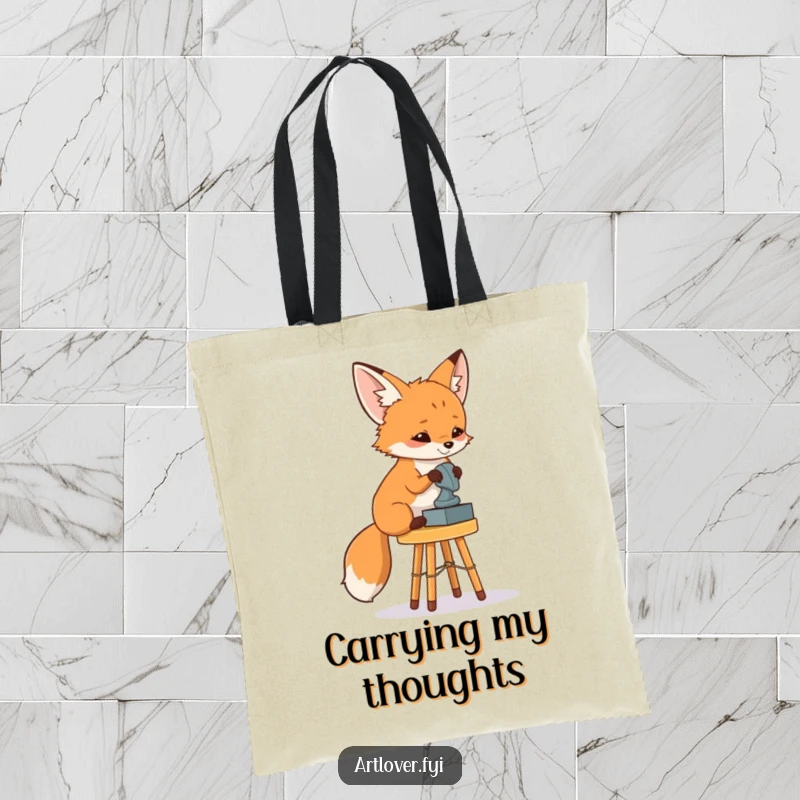 Funny Fox Art Critic Tote Bag: A curious fox artistically observing a sculpture, a functional and funny accessory for art lovers.