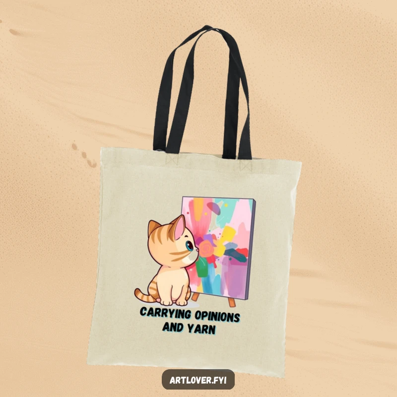 Funny cat tote bag depicting a curious feline intently examining a colorful abstract painting, ideal for art enthusiasts and pet owners.