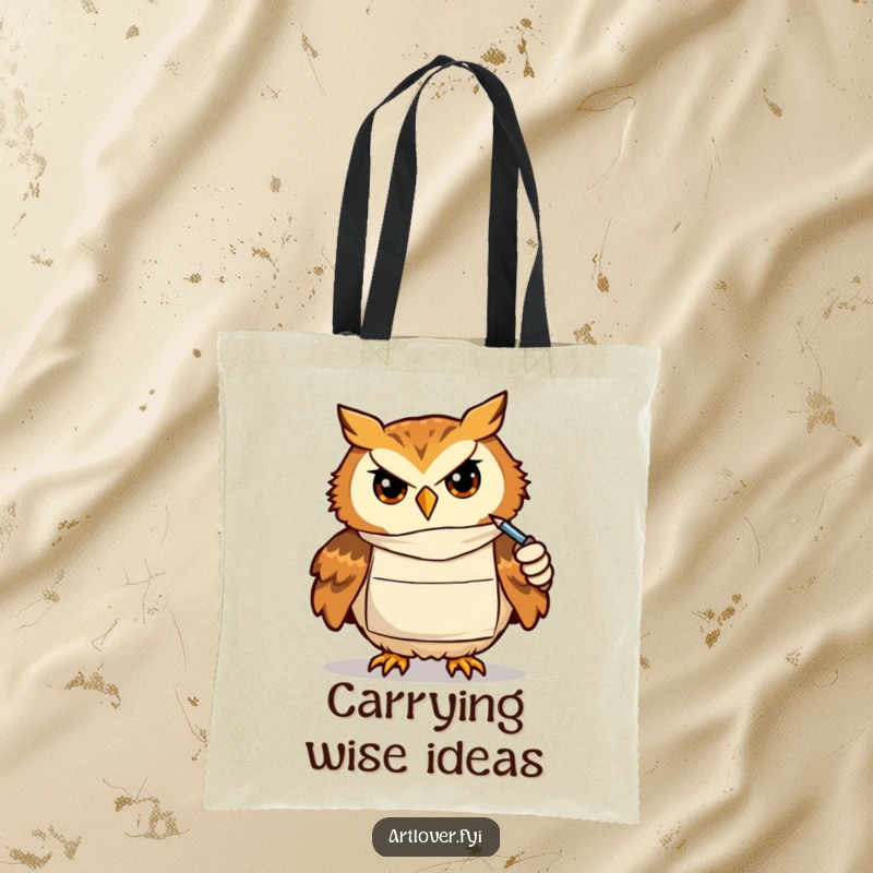 Funny tote bag featuring a determined owl artist wearing a smock, focused on drawing, perfect for carrying art supplies.