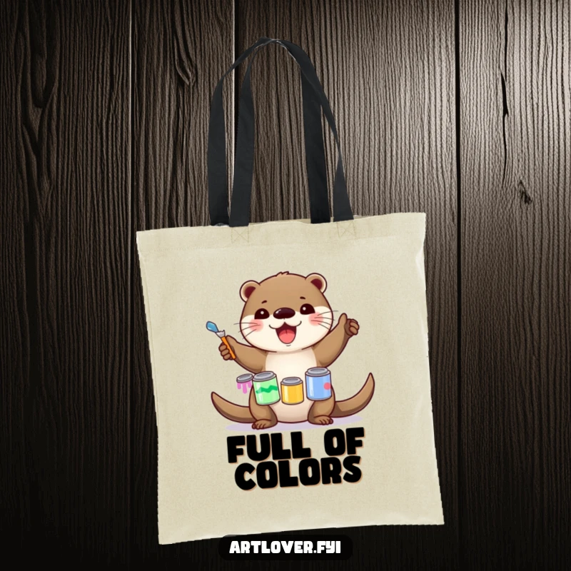 Funny Tote Bag: A delighted otter artist grinning widely while balancing a tower of paint cans, ready to transport art supplies, funny gift.