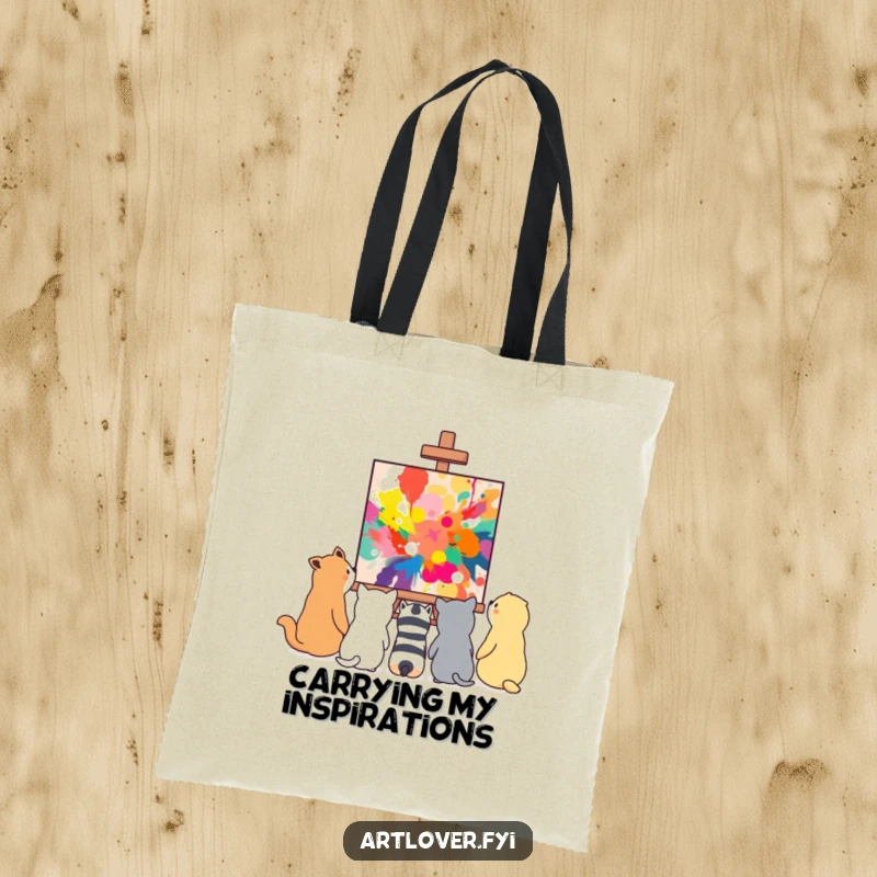 Funny group of animals gazing at a vibrant, abstract painting, featured on a spacious and artistic tote bag.