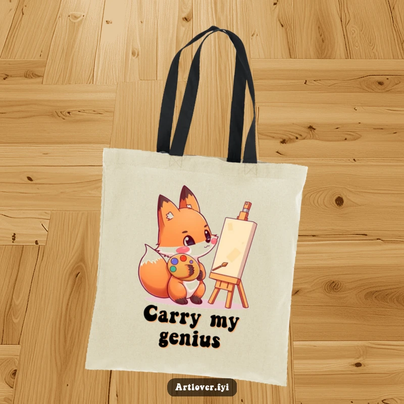 Funny tote bag with a fox sporting a paint-smeared cheek, admiring a canvas, showcasing a love for art.