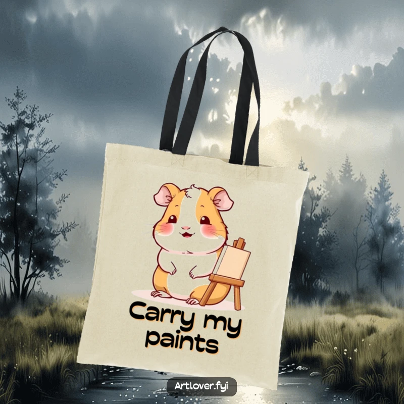 Funny Artist Guinea Pig Tote Bag: Contented guinea pig smiles beside a small easel, ideal for carrying art supplies.