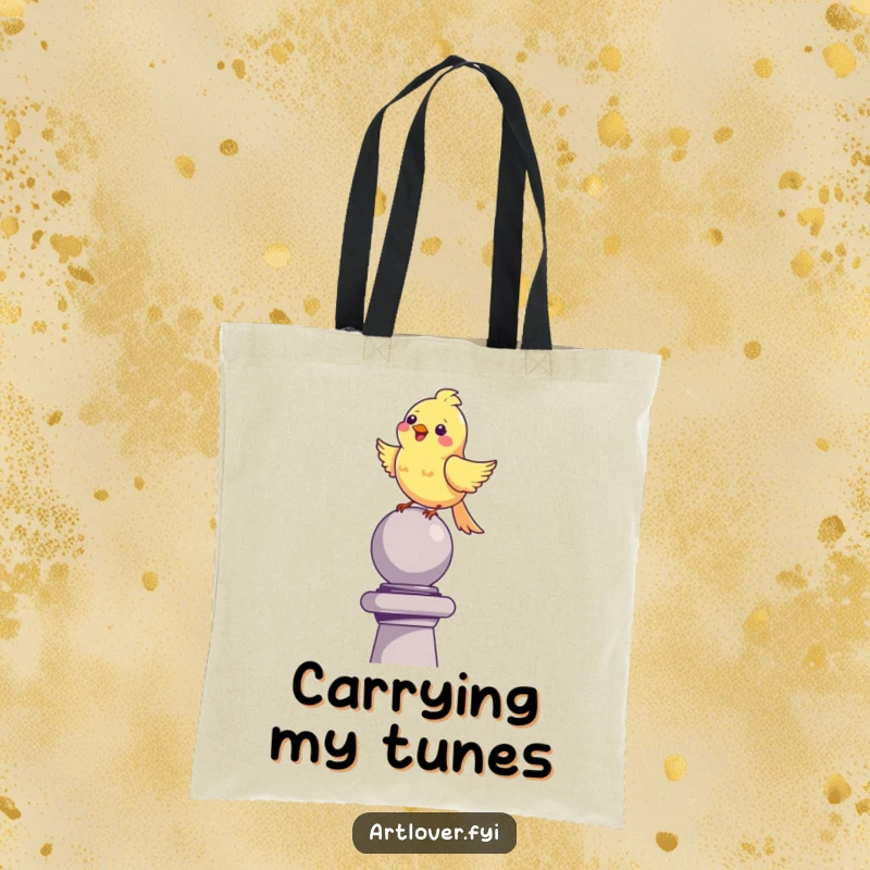 Funny happy bird tote bag, perched on a sculpture, chirping merrily, a musical and practical accessory.