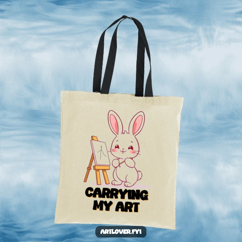 Funny Bunny Artist Tote Bag with a cute kawaii bunny and easel, ideal for carrying art supplies humorously.