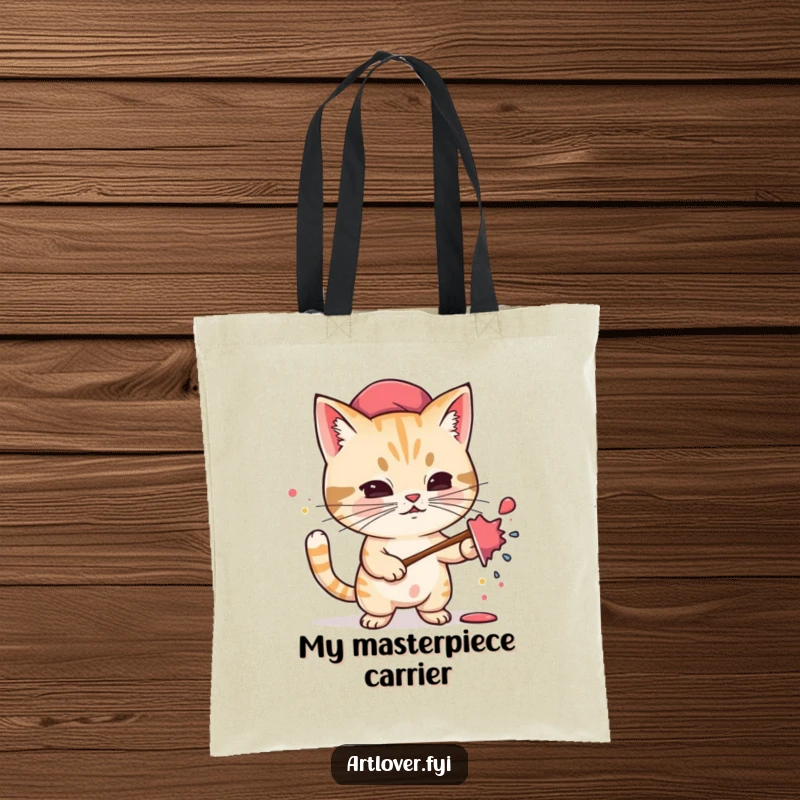 Funny tote bag featuring a small, determined cat artist in a beret, energetically splattering paint, a stylish and humorous accessory.