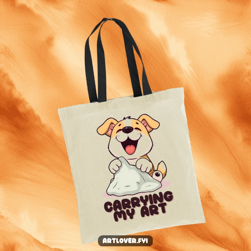 Funny Dog Sculptor Tote Bag showing a dog joyfully sculpting clay with its paws, ideal as a funny gift.