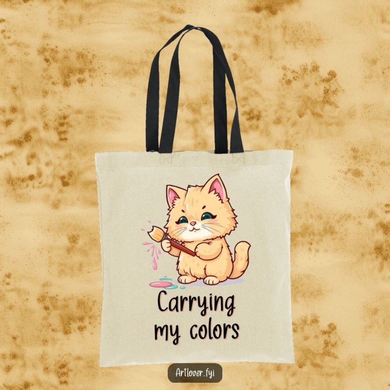 Funny tote bag with a fluffy cat holding a paintbrush, leaving a trail of colorful paint.