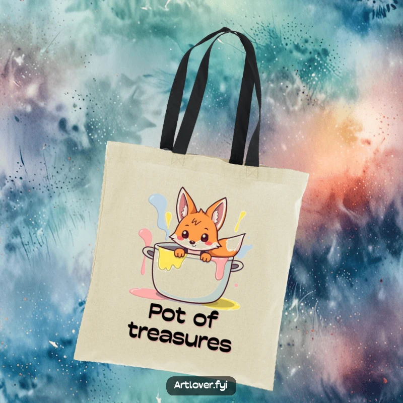Funny Fox Artist Tote Bag: Curious fox character peeking from a giant paint pot, ready to carry your art supplies.