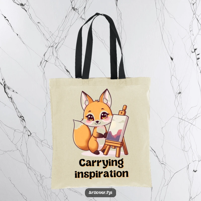 Funny fox masterpiece tote bag, a durable bag with a design of a fox admiring a colorful, completed artwork.