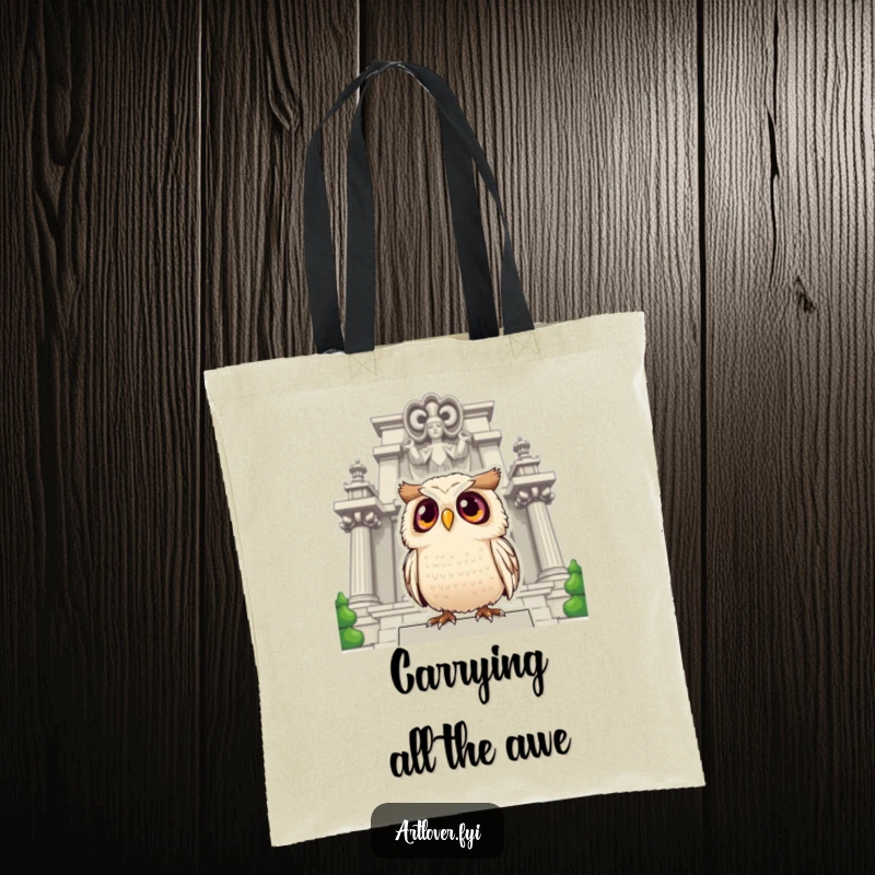 Funny owl tote bag depicting a surprised owl with wide eyes looking up at a grand statue, perfect for art lovers.