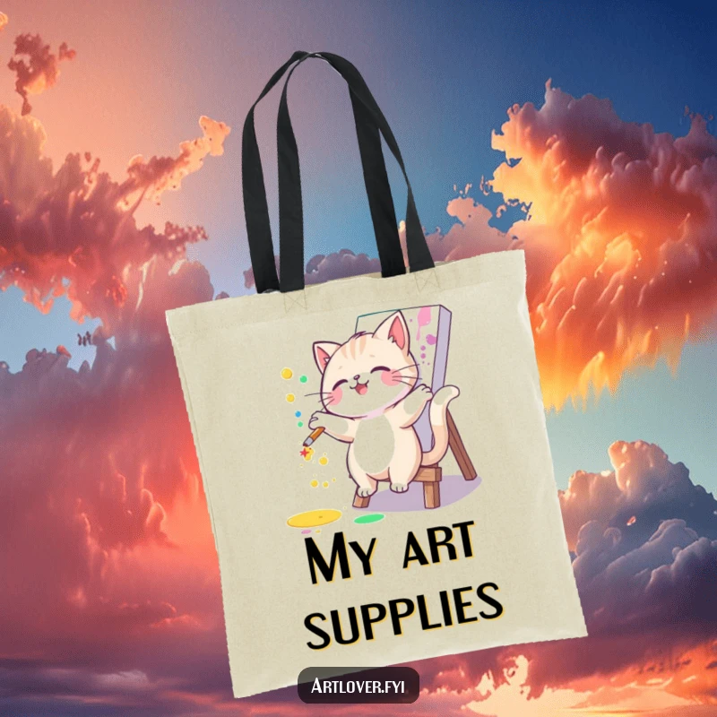 Funny cat tote bag with a joyful artist cat splattering paint on a canvas. A charming and humorous accessory for art lovers.