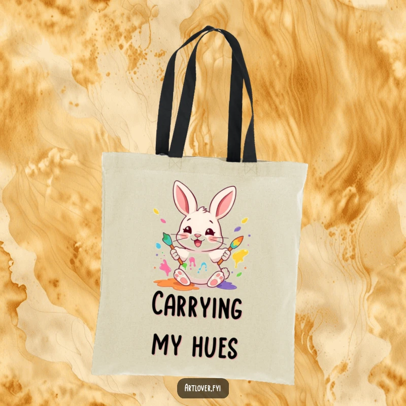 Funny Rabbit Painter Tote Bag: A happy rabbit artist creating art with colorful paws, a functional and funny accessory.