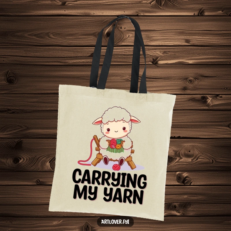 Funny tote bag featuring a happy sheep weaving colorful yarn on a loom, perfect for carrying yarn and crafting supplies.
