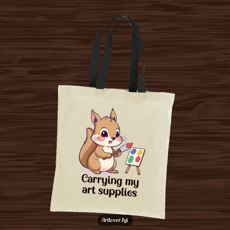 Funny tote bag featuring a squirrel artist enthusiastically mixing paint with a palette knife, perfect for carrying art supplies or daily items.