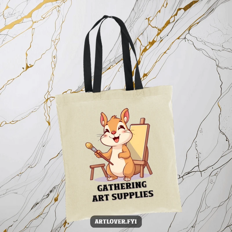 Funny Squirrel Artist Tote Bag showing a delighted squirrel with a paintbrush and canvas, perfect for carrying art supplies.