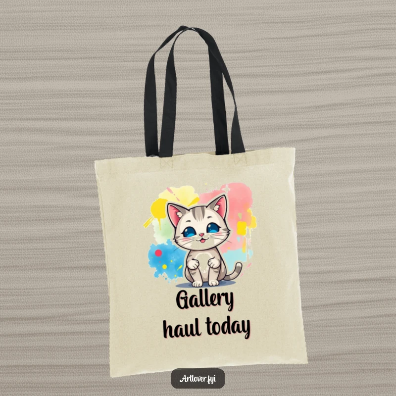 Funny tote bag featuring a cat artist proudly presenting a colorful abstract painting, ideal for art students or anyone who loves creative cats.