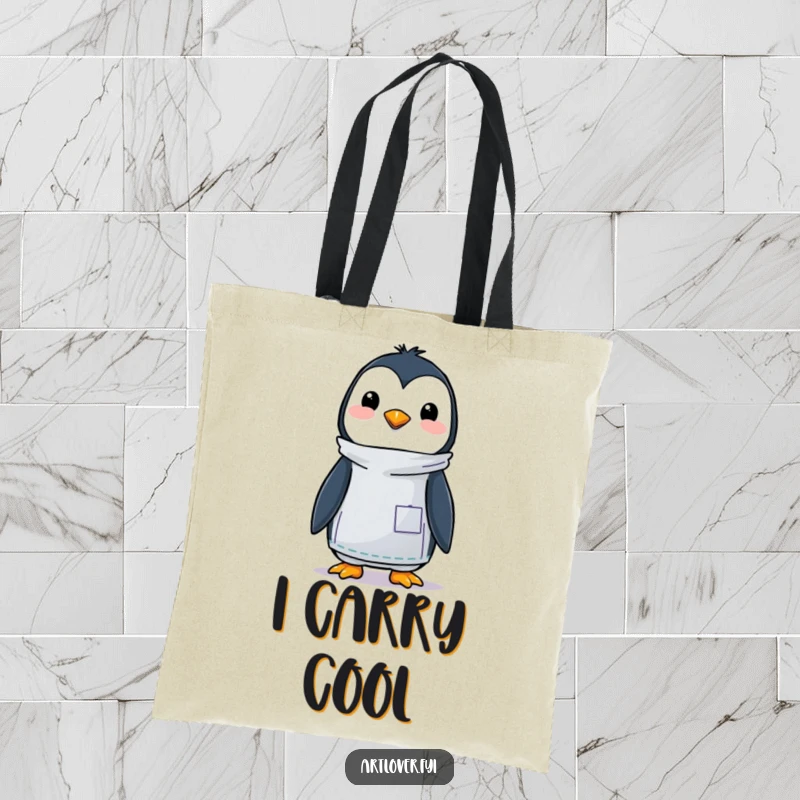 Funny tote bag featuring a happy penguin artist in a smock, holding art supplies, perfect for carrying books or groceries.
