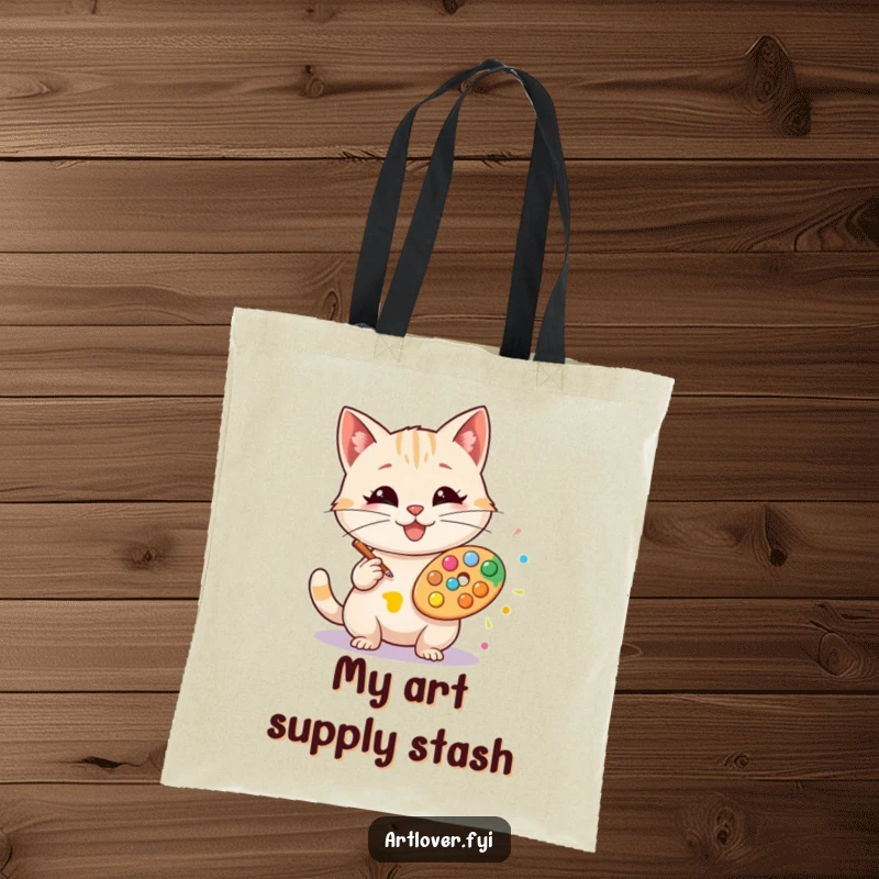 Funny artist cat tote bag, showcasing a happy cat artist creating a colorful art splat, perfect for carrying supplies.