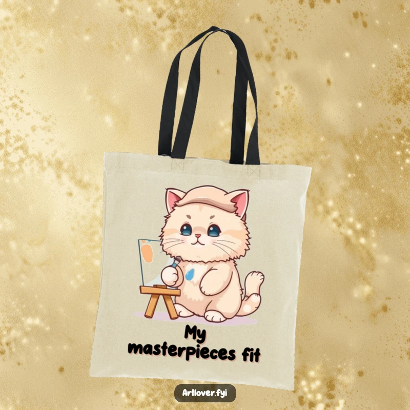 Funny Cat Artist Tote Bag: A French-inspired cat artist in a beret dabs paint, serving as a humorous and functional accessory.